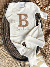 Load image into Gallery viewer, Personalized neutral baby romper and hat set, custom infant boy coming home outfit, baby shower gift, sleeper with footies fall baby beige