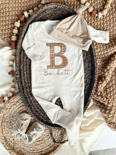 Load image into Gallery viewer, Personalized neutral baby romper and hat set, custom infant boy coming home outfit, baby shower gift, sleeper with footies fall baby beige