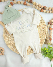 Load image into Gallery viewer, Personalized neutral baby romper and hat set custom infant boy coming home outfit baby shower gift beige sleeper with footies Jesus Loves Me