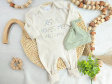 Load image into Gallery viewer, Personalized neutral baby romper and hat set custom infant boy coming home outfit baby shower gift beige sleeper with footies Jesus Loves Me