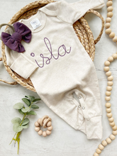 Load image into Gallery viewer, Personalized Baby Girl Outfit | Oatmeal Romper Vintage Purple Baby Name - style: IslaBean