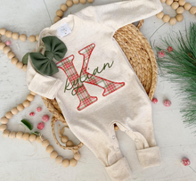 Load image into Gallery viewer, Personalized Girl Baby Outfit | Oatmeal Romper or Gown Christmas Plaid Custom Baby Name