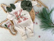 Load image into Gallery viewer, Personalized Baby Boy Outfit | Oatmeal Romper or Gown Christmas Plaid Custom Baby Name
