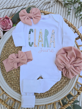 Load image into Gallery viewer, Personalized Baby Girl Outfit On A White Romper with Peach and Teal Baby Name