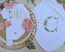 Load image into Gallery viewer, Personalized Baby Girl Outfit On A White Romper with Peach and Teal Baby Name