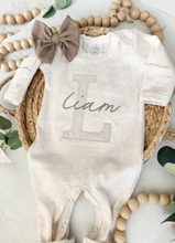 Load image into Gallery viewer, Personalized Baby Girl Outfit | Oatmeal Romper Beige Stripe Big Letter Taupe Baby Name