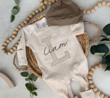Load image into Gallery viewer, Personalized Baby Boy Outfit | Oatmeal Romper Beige Stripe Big Letter Taupe Baby Name