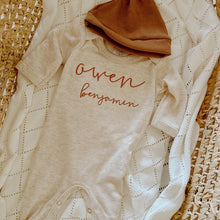 Load image into Gallery viewer, Personalized Baby Boy Outfit | Oatmeal Romper Slate Blue Baby Name