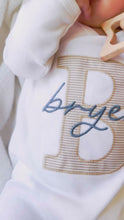 Load and play video in Gallery viewer, Personalized Newborn Baby Boy Outfit | White Romper Beige Stripe Blue Baby Name