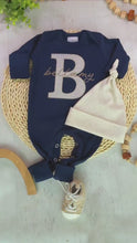 Load and play video in Gallery viewer, Personalized navy, blue, and beige newborn outfit, coming home outfit for baby boy, baby boy outfit, hospital outfit for boy