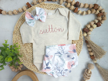 Load image into Gallery viewer, Personalized Baby Girl Outfit | Oatmeal Beige Bodysuit Pink Baby Name