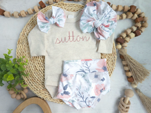 Load image into Gallery viewer, Personalized Baby Girl Outfit | Oatmeal Beige Bodysuit Pink Baby Name