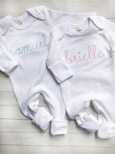 Load image into Gallery viewer, Personalized baby blue vintage stitch boy romper with bow, custom baby coming home outfit, baby shower gift, boy sleeper with footies
