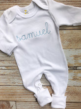 Load image into Gallery viewer, Personalized baby blue vintage stitch boy romper with bow, custom baby coming home outfit, baby shower gift, boy sleeper with footies