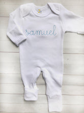 Load image into Gallery viewer, Personalized baby blue vintage stitch boy romper with bow, custom baby coming home outfit, baby shower gift, boy sleeper with footies