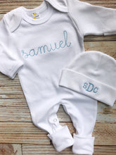 Load image into Gallery viewer, Personalized baby blue vintage stitch boy romper with bow, custom baby coming home outfit, baby shower gift, boy sleeper with footies