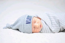 Load image into Gallery viewer, Personalized baby knotted hat, embroidered infant cap, monogram name hat, hospital hat, coming home infant hat, gray baby hat for pictures