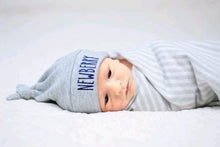 Load image into Gallery viewer, Personalized baby knotted hat, embroidered infant cap, monogram name hat, hospital hat, coming home infant hat, gray baby hat for pictures