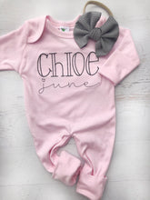 Load image into Gallery viewer, Boy girl twin coming home outfits, pink and blue footed sleeper, simple baby outfit, twin baby outfit, baby shower gift, romper outfits