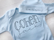 Load image into Gallery viewer, Boy girl twin coming home outfits, pink and blue footed sleeper, simple baby outfit, twin baby outfit, baby shower gift, romper outfits