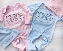 Load image into Gallery viewer, Boy girl twin coming home outfits, pink and blue footed sleeper, simple baby outfit, twin baby outfit, baby shower gift, romper outfits