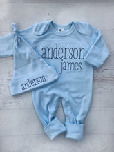Load image into Gallery viewer, Personalized baby blue romper and hat set, custom infant boy coming home outfit, baby shower gift, light blue sleeper with footies