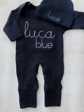 Load image into Gallery viewer, Personalized navy baby romper and hat set, custom infant boy coming home outfit, baby shower gift, navy sleeper with footies, simple stitch