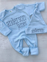 Load image into Gallery viewer, Personalized baby blue romper and hat set, custom infant boy coming home outfit, baby shower gift, light blue sleeper with footies