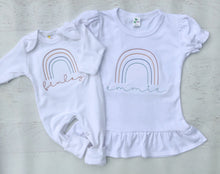 Load image into Gallery viewer, Personalized rainbow newborn outfit, rainbow baby gender neutral romper, boho rainbow, simple rainbow custom sleeper, rust rainbow