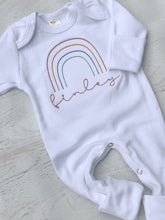Load image into Gallery viewer, Personalized rainbow newborn outfit, rainbow baby gender neutral romper, boho rainbow, simple rainbow custom sleeper, rust rainbow