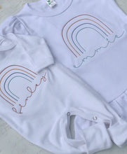 Load image into Gallery viewer, Personalized rainbow newborn outfit, rainbow baby gender neutral romper, boho rainbow, simple rainbow custom sleeper, rust rainbow