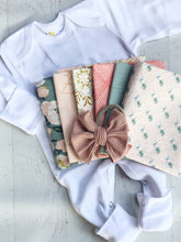 Load image into Gallery viewer, Personalized baby girl romper and bow set, custom coming home outfit for girl, baby shower gift, blush and sage, cottagecore baby outfit