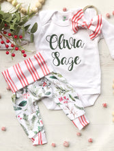 Load image into Gallery viewer, Holly Christmas newborn outfit for girl, newborn Christmas outfit, cottagecore Christmas, natural Christmas, pants and bow, red stripes