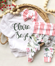 Load image into Gallery viewer, Holly Christmas newborn outfit for girl, newborn Christmas outfit, cottagecore Christmas, natural Christmas, pants and bow, red stripes