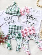Load image into Gallery viewer, Holly Christmas newborn outfit for girl, newborn Christmas outfit, cottagecore Christmas, natural Christmas, pants and bow, red stripes
