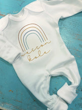 Load image into Gallery viewer, Personalized rainbow newborn outfit, rainbow baby gender neutral romper, boho rainbow, simple rainbow custom sleeper, rust rainbow