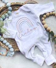 Load image into Gallery viewer, Personalized rainbow newborn outfit, rainbow baby gender neutral romper, boho rainbow, simple rainbow custom sleeper, rust rainbow