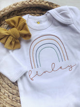Load image into Gallery viewer, Personalized rainbow newborn outfit, rainbow baby gender neutral romper, boho rainbow, simple rainbow custom sleeper, rust rainbow