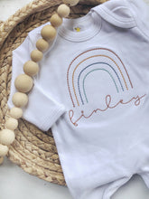 Load image into Gallery viewer, Personalized rainbow newborn outfit, rainbow baby gender neutral romper, boho rainbow, simple rainbow custom sleeper, rust rainbow