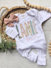 Load image into Gallery viewer, Personalized baby girl romper and bow set, custom coming home outfit for girl, baby shower gift, blush and sage, cottagecore baby outfit