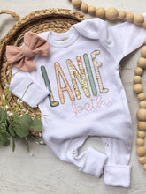 Load image into Gallery viewer, Personalized baby girl romper and bow set, custom coming home outfit for girl, baby shower gift, blush and sage, cottagecore baby outfit
