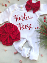 Load image into Gallery viewer, Personalized newborn Christmas romper and turban set, red and white custom baby outfit, baby shower gift for girl, red baby turban