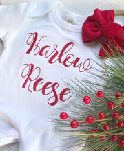 Load image into Gallery viewer, Personalized newborn Christmas romper and turban set, red and white custom baby outfit, baby shower gift for girl, red baby turban