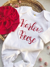 Load image into Gallery viewer, Personalized newborn Christmas romper and turban set, red and white custom baby outfit, baby shower gift for girl, red baby turban