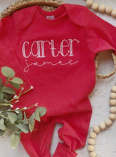 Load image into Gallery viewer, Personalized boy Christmas romper, custom red baby boy outfit, red and white custom baby outfit, baby shower gift for boy