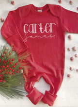 Load image into Gallery viewer, Personalized boy Christmas romper, custom red baby boy outfit, red and white custom baby outfit, baby shower gift for boy
