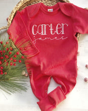 Load image into Gallery viewer, Personalized boy Christmas romper, custom red baby boy outfit, red and white custom baby outfit, baby shower gift for boy