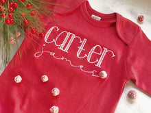 Load image into Gallery viewer, Personalized boy Christmas romper, custom red baby boy outfit, red and white custom baby outfit, baby shower gift for boy
