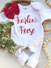 Load image into Gallery viewer, Personalized vintage stitch girl romper with bow, custom girl coming home outfit, baby shower gift, white sleeper with footies