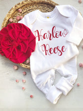 Load image into Gallery viewer, Personalized newborn Christmas romper and turban set, red and white custom baby outfit, baby shower gift for girl, red baby turban